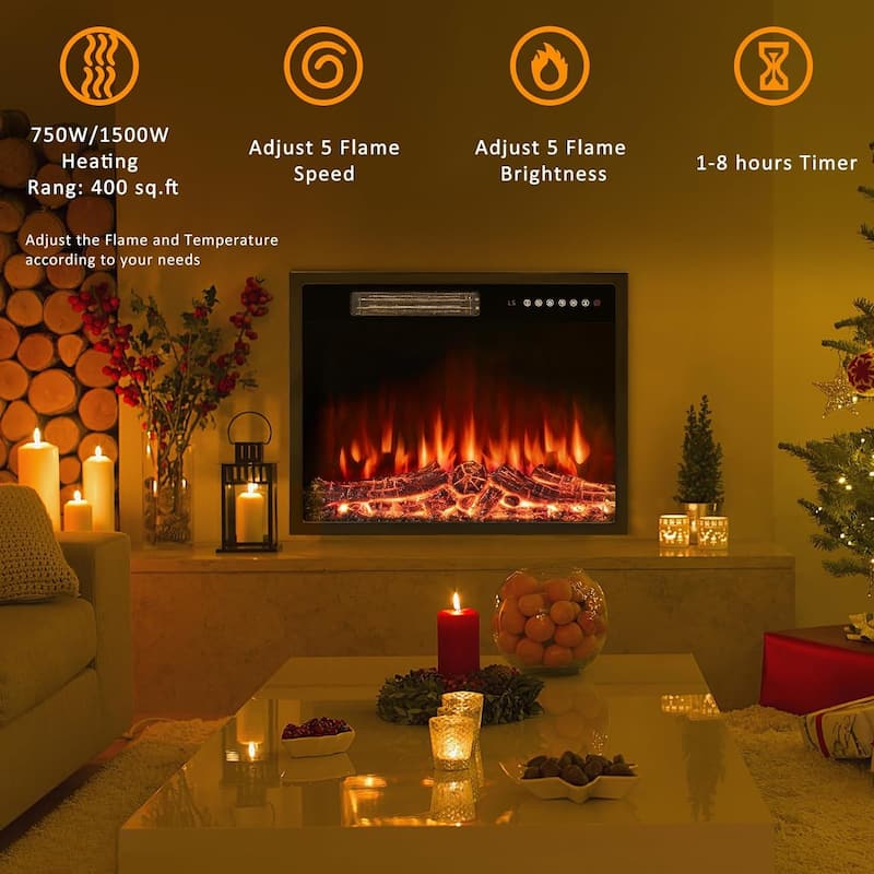 BOSSIN 23 inch Electric Fireplace Insert,Recessed Mounted Fireplace Heater with Adjustable Flame,Timer 750/1500W