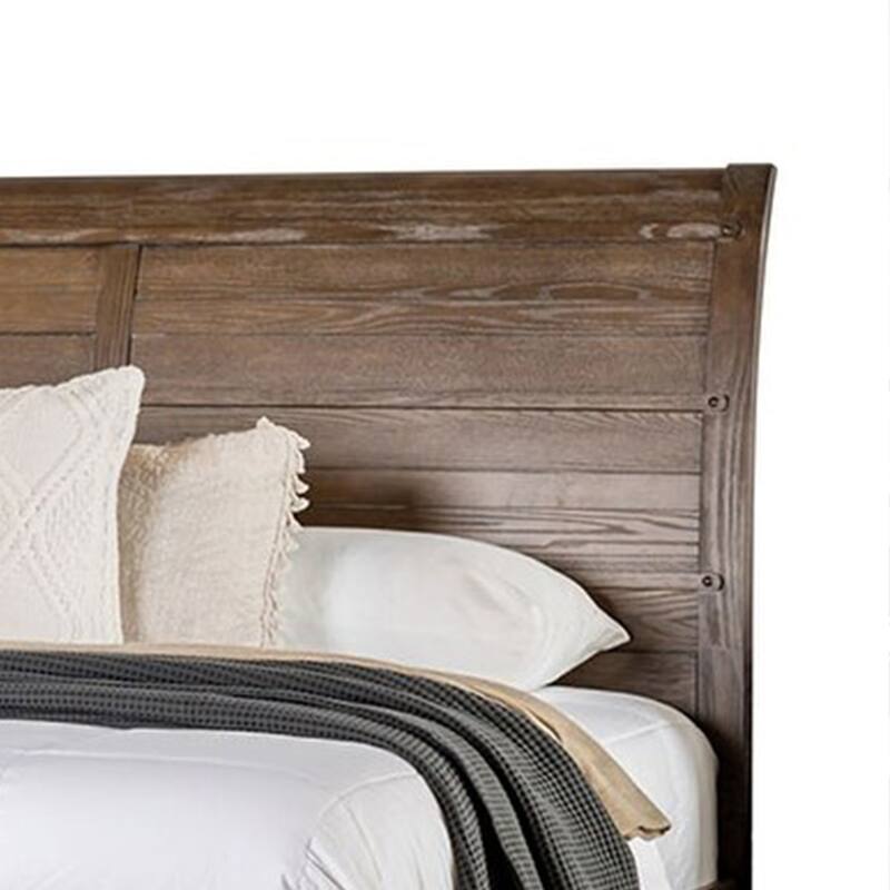 Merry Queen Bed, Curved Panel Headboard, Rivet Accents, Brown Wood