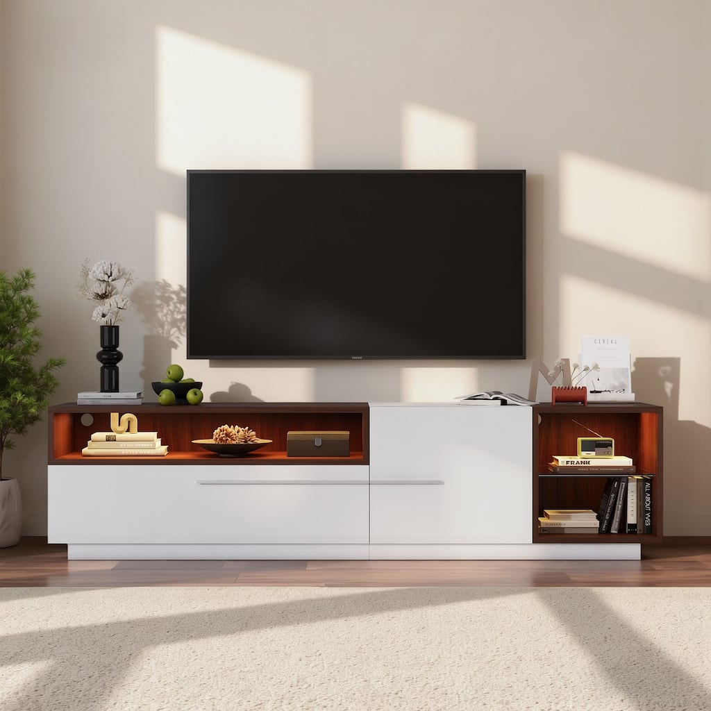Meyreso 70.8" Modern High Gloss White & Walnut TV Stand with LED Lighting and Open Storage - 70 inches