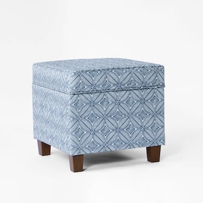 Pyp Square Storage Ottoman, 18 Inch Indigo Blue Print, Walnut Brown