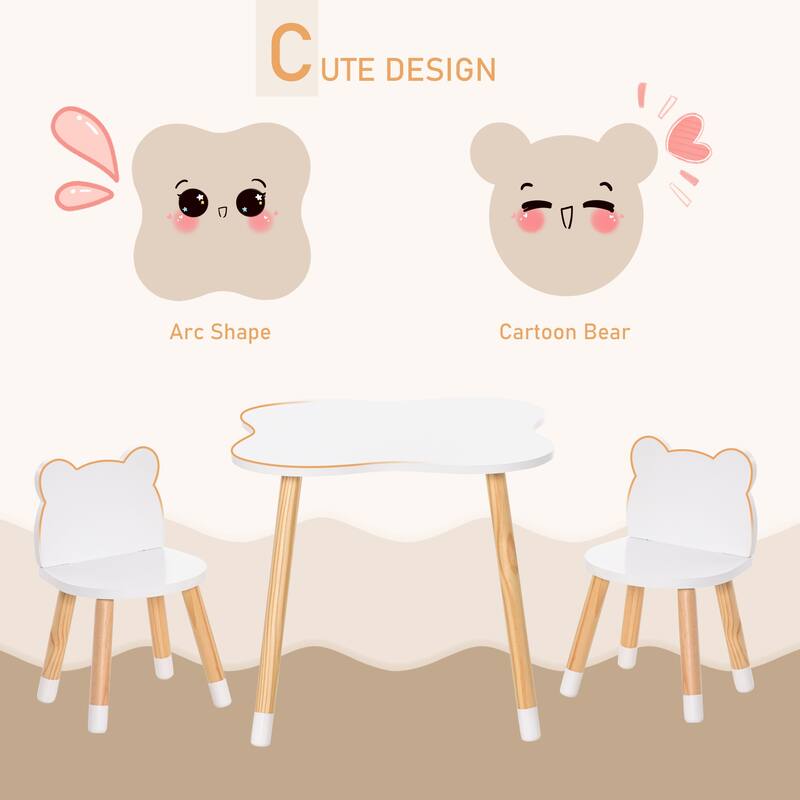 Qaba 3 Pieces Table and Chair Sets Children Dining Table Cute Bear Shape with Rounded Corners for 1-4 years, White