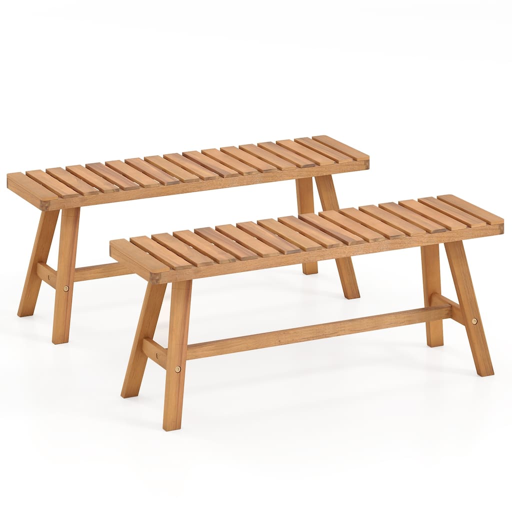 Gymax 2PCS Acacia Wood Outdoor Garden Bench w/Slatted Seat 800 lbs