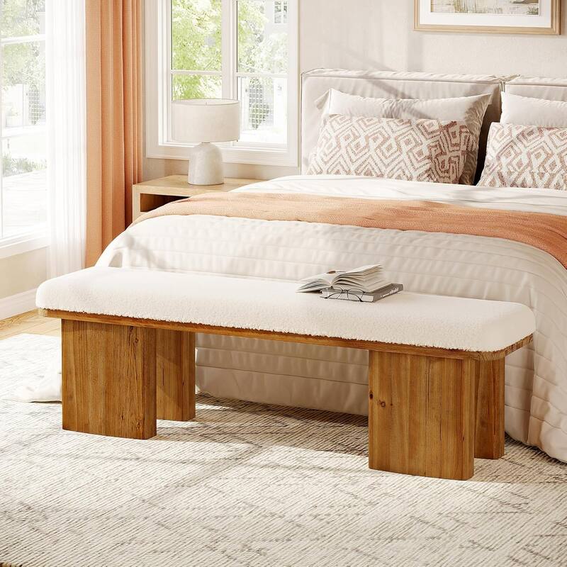 59Inch Solid Wood Entryway Bench, Upholstered End of Bed Bench with Faux Shearling Cushion, Long Ottoman for Bedroom, Entryway