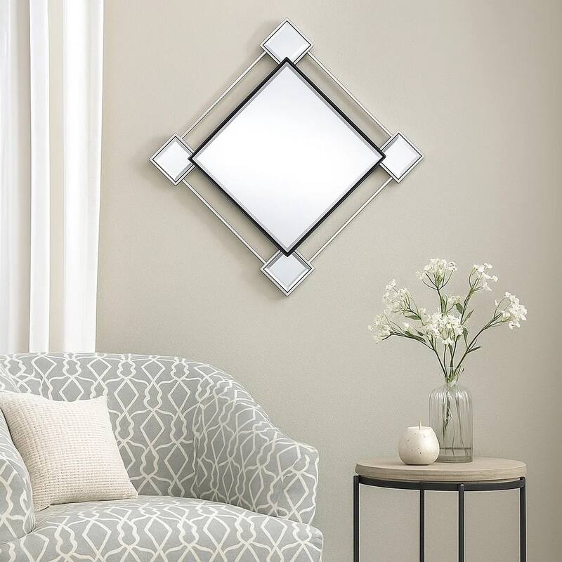 Diamond Shaped Beveled Accent Wall Mirror with Mirror Inserts, Silver