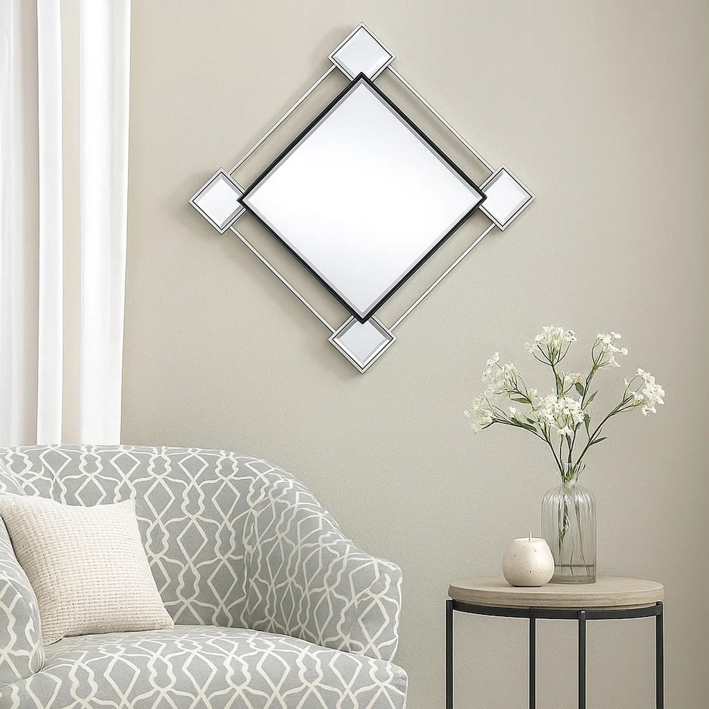 Diamond Shaped Beveled Accent Wall Mirror with Mirror Inserts, Silver