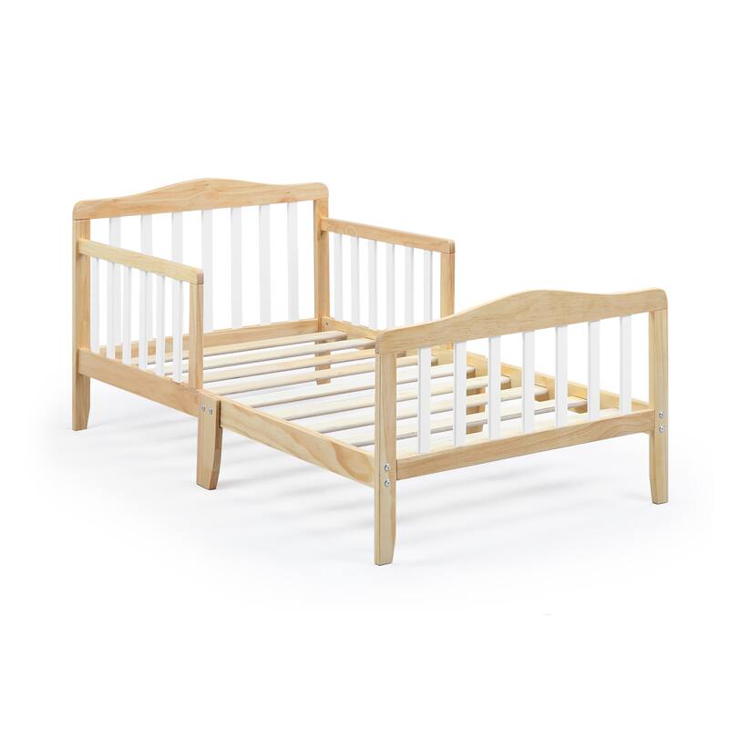 Birdie Toddler Bed in Dark Pink/White with Solid Wood Frame, Low Profile Footboard & Dual Safety Rails