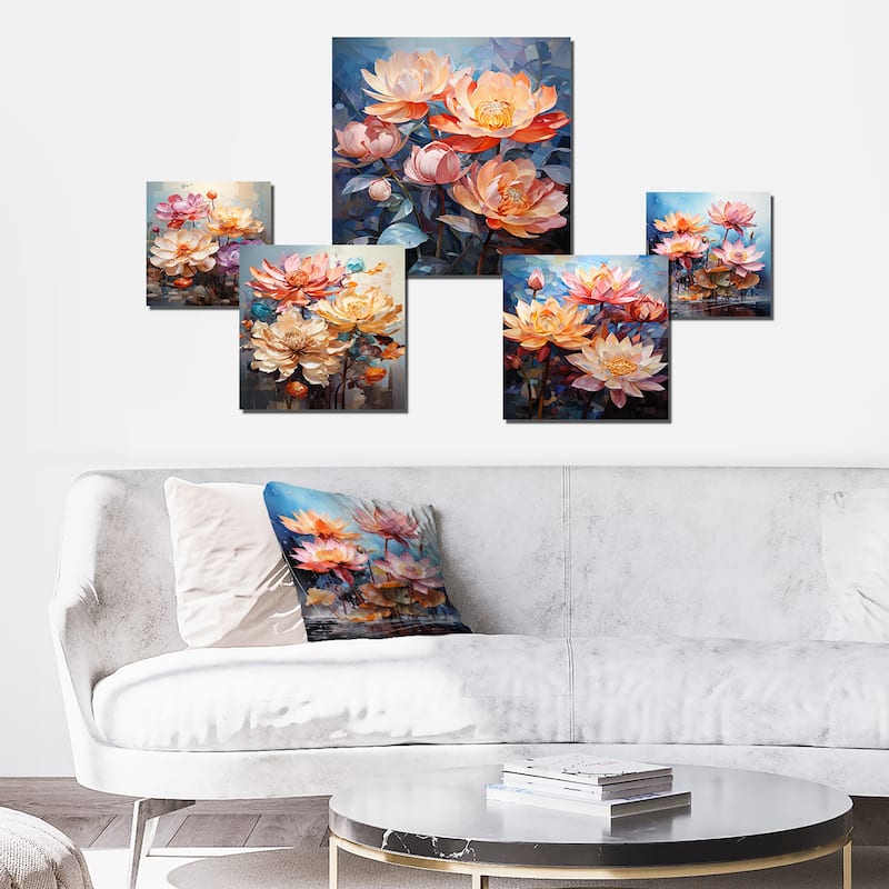 Designart "Colorful Lotus Blooms Abstraction" Lotus Wall Art Set of 5 - Traditional Pink Metal Wall Art Office Room Set