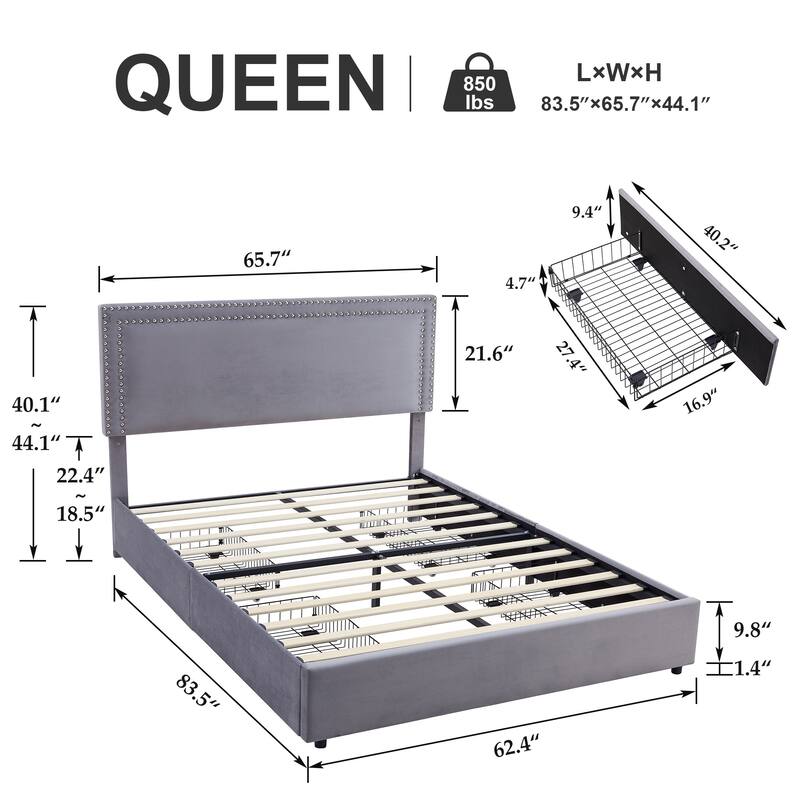 Modern Upholstered Bed Frame with 4 Storage Drawers, Platform Fabric Bed with Button Tufted Headboard