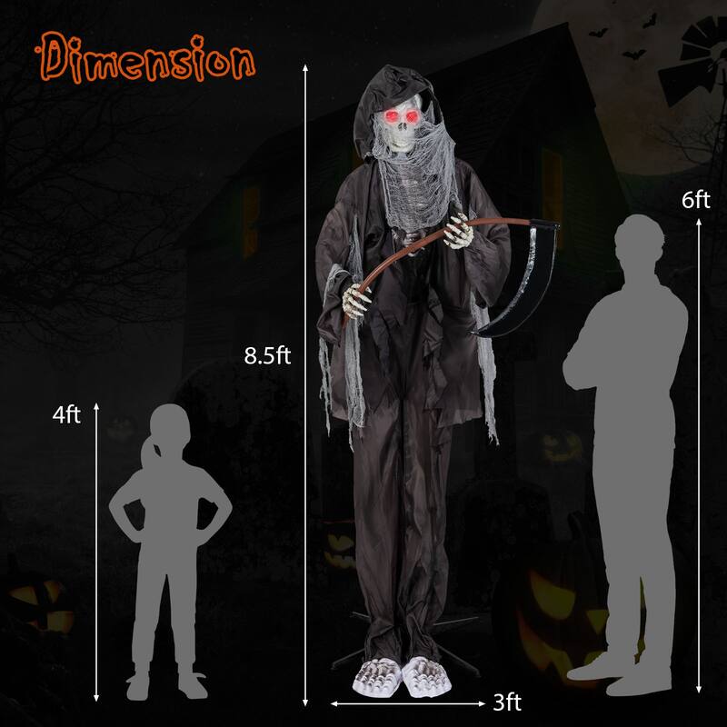 Black Metal Fabric Animated Grim Reaper Halloween Decoration 8.5ft