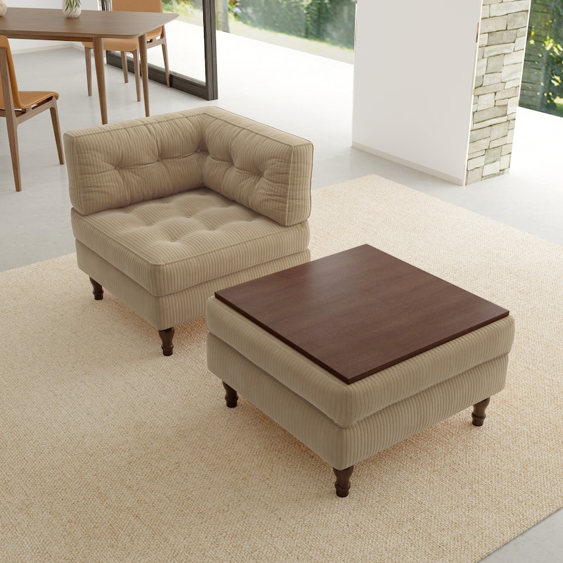 Corduroy Tufted Accent Chair Armchair and Ottoman Set