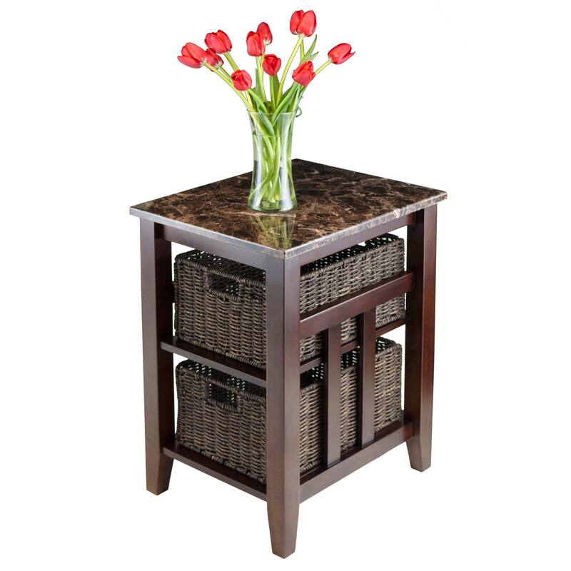 Zoey Accent Table with 2 Foldable Corn Husk Baskets, Faux Marble Top, Chocolate and Walnut - 16.54 x 20.08 x 25.04 inches