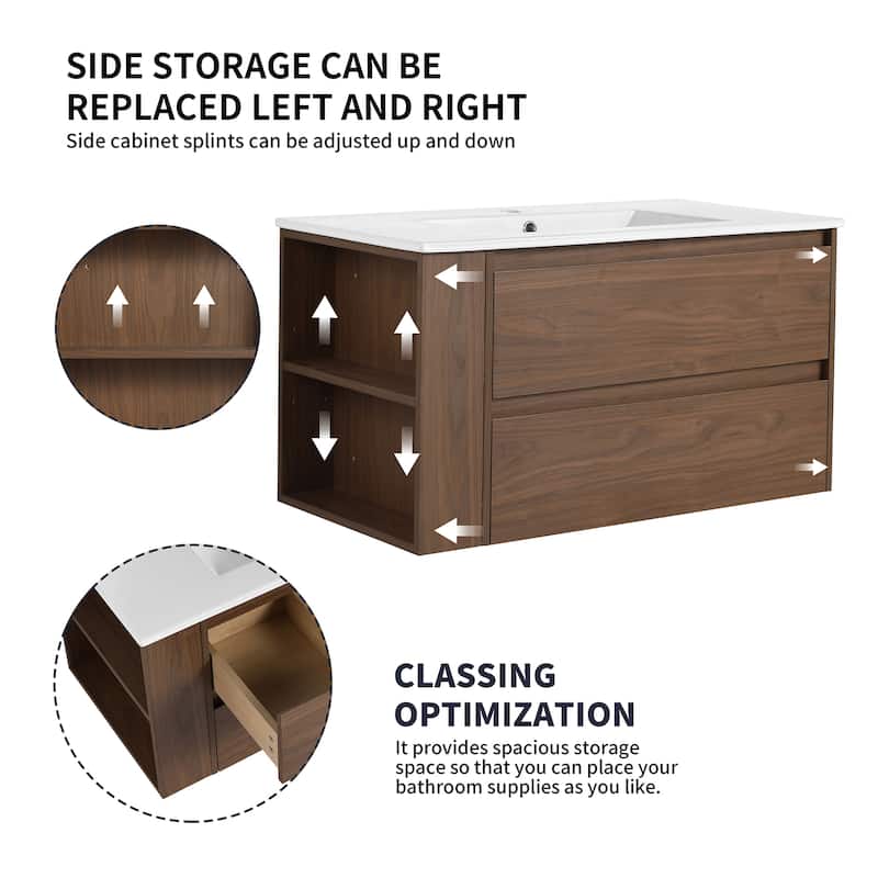 36 inch Plywood Wall Mounting Bathroom Vanity Set in Brown Oak with Integrated Ceramic Sink