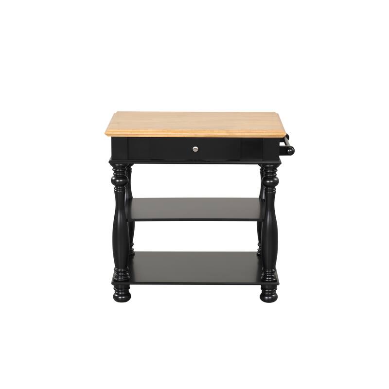 Compact Black Kitchen Island, Storage Drawer, Cutting Board, 2 Shelves, Towel Bar