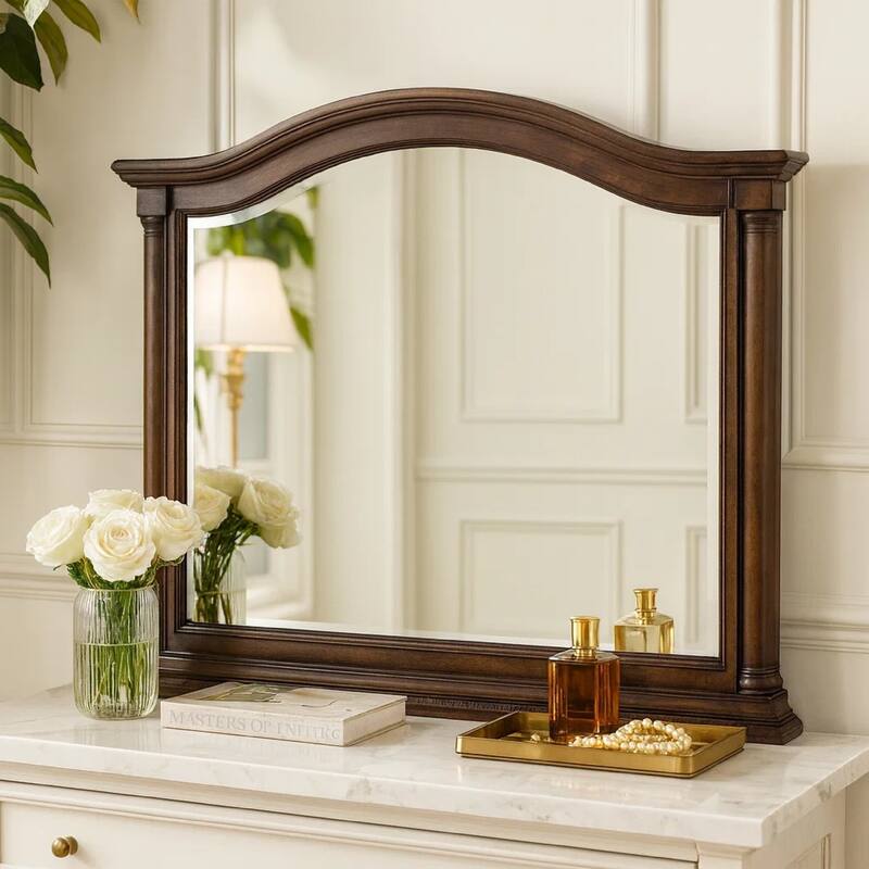 Danya 46 Inch Accent Mirror, Arched Wood Frame with Curves, Weathered Brown