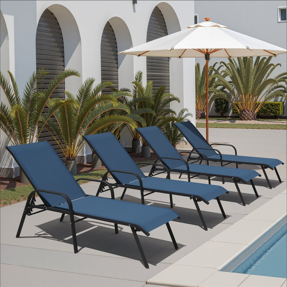 Set of 4 Outdoor Patio Adjustable Back Chaise Lounges Chairs with Arms