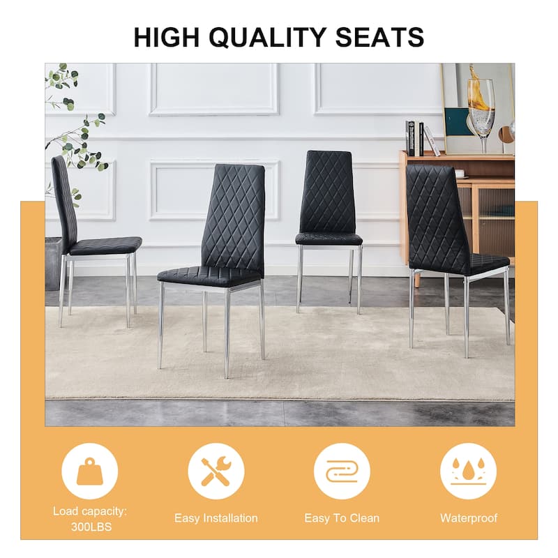 Leather Dining Table Chair Set of 6, High Back Dining Chair, Grid Armless Lounge Chair, Office Chair with C-Shaped Metal Legs