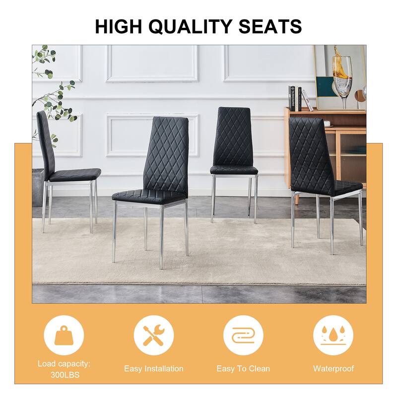 Modern Grid Armless High Backrest Dining Chair with Silver Metal Legs, for Dining Room and Living Room, White, 4-Piece Set