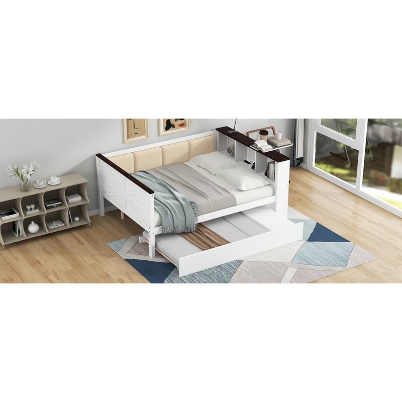 Roomfitters Twin/Full Wood Daybed with Storage Shelves, USB Ports and Trundle, White