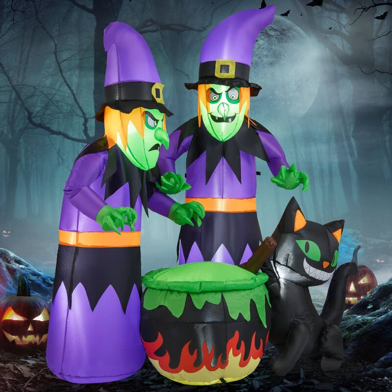 Multi-Color Polyester 6Ft Inflatable Halloween Witches with LED Lights and Black Cat