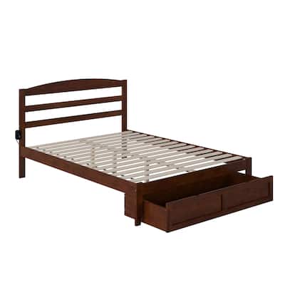 Queen Platform Bed with Foot Drawer - Vintage Style Bed Frame, Walnut Finish, Headboard & Slats Included