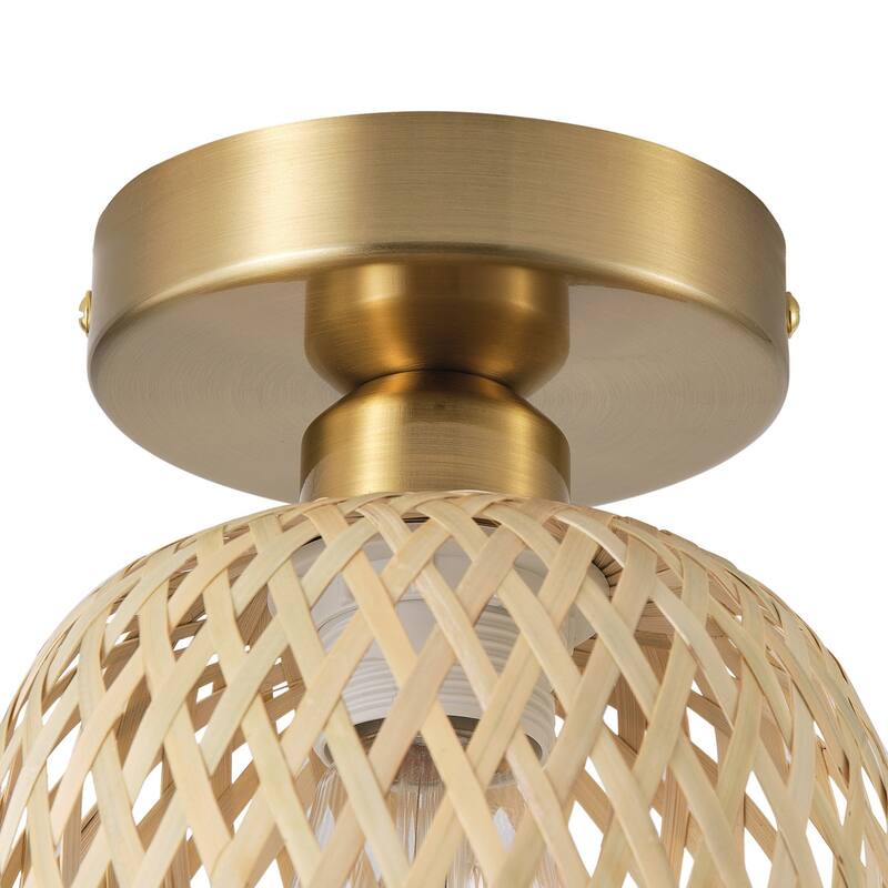 Farmhouse Brushed Gold 1-Light Semi Flush Mount Ceiling Light with Bamboo Weave Shade