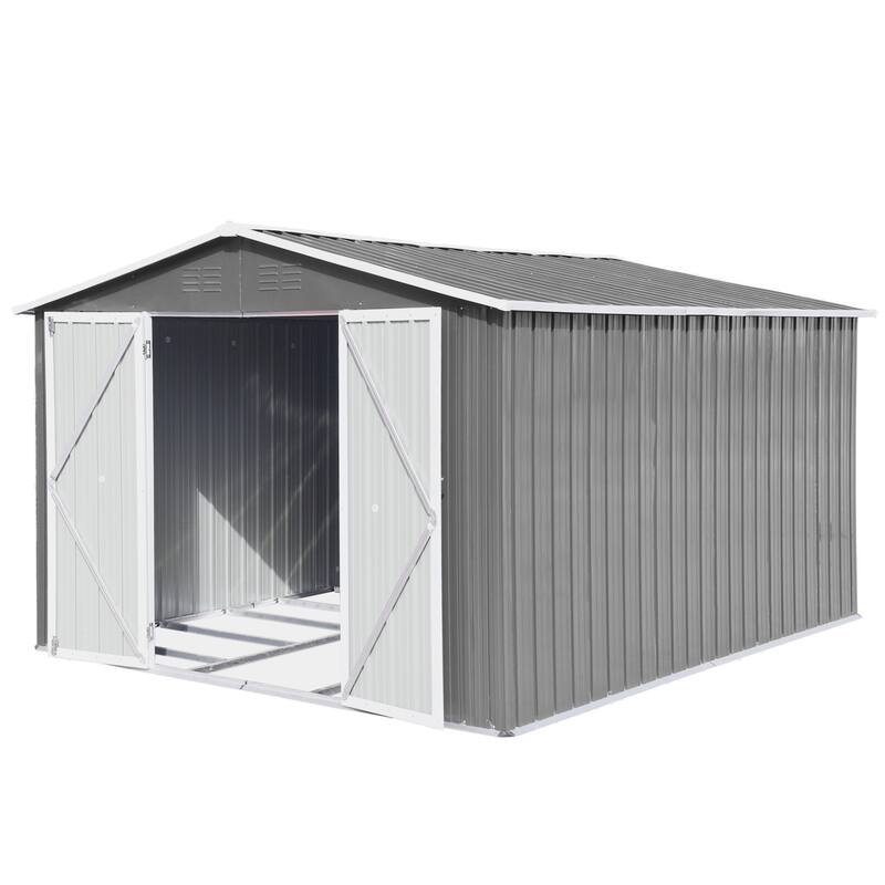 10x8 FT Outdoor Metal Garden Shed, Galvanized Steel Large Storage Sheds with Lockable Doors, Tool House with Pitched Roof