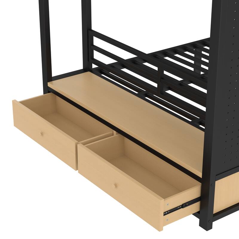 Storage Bunk Bed with Shelves, Wardrobe, 2 Drawers and Pegboard, Heavy Duty Metal Bunk Bed Frame, Noise Free, No Box Spring Need
