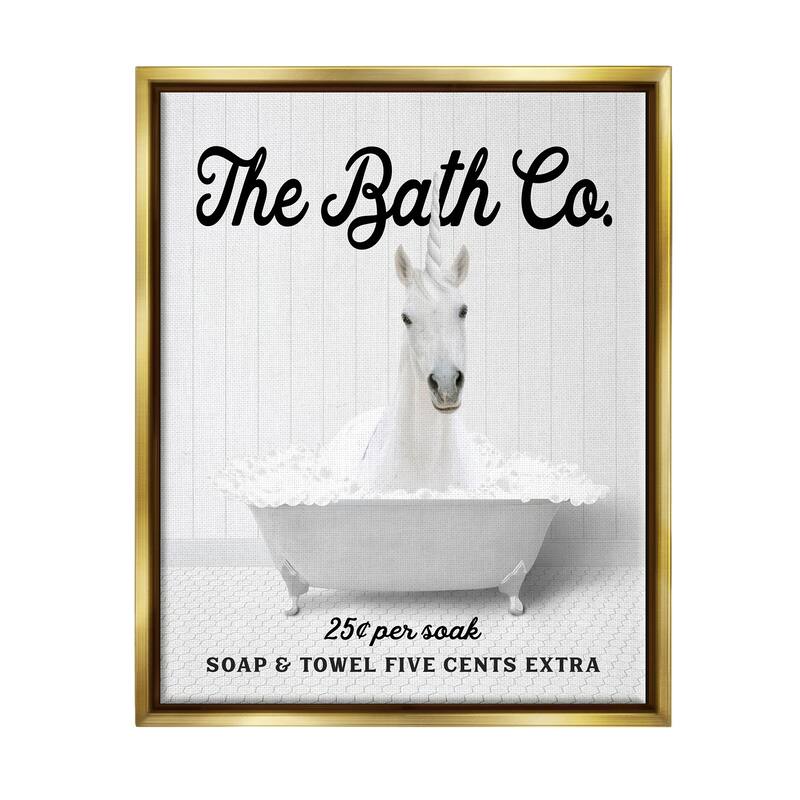 Stupell Bubble Bathtub Unicorn Framed Floater Canvas Wall Art Design by Lettered and Lined - 25 x 31 - Gold