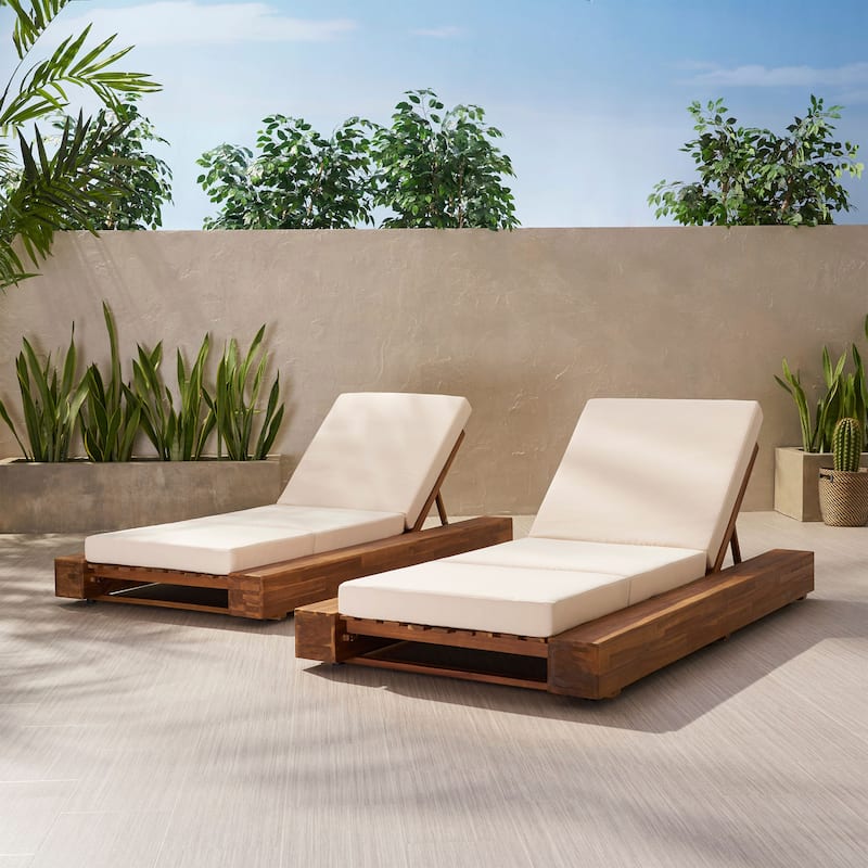 Christopher Knight Home - Broadway Acacia Wood Chaise Lounge with Adjustable Recline and Cushioned Comfort - 4-Piece - Sandblast Teak+Cream/2-Piece