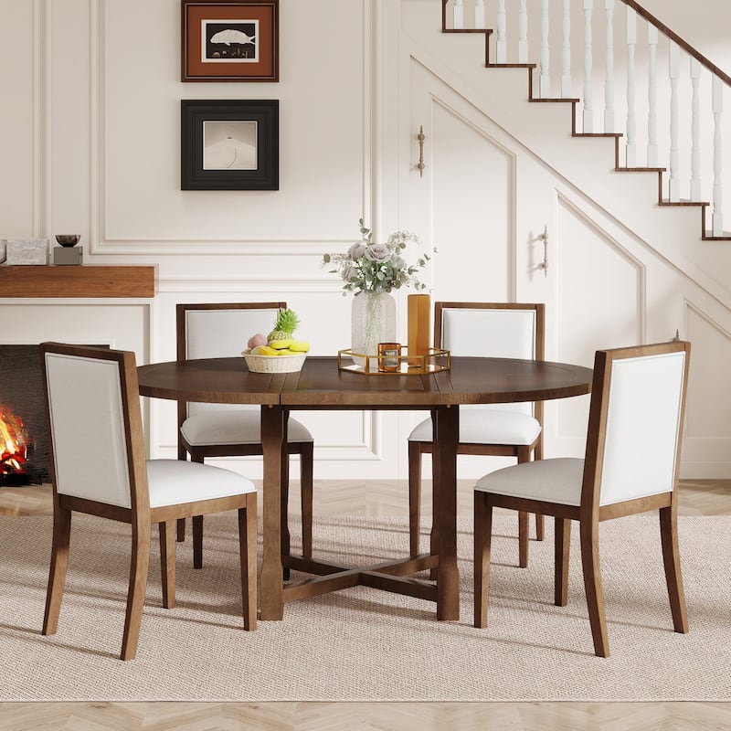 5 Pcs Round Extendable Dining Table Set with 4 Upholstered Chairs, Kitchen Table Set with Removable Leaf & Solid Wood Trestle