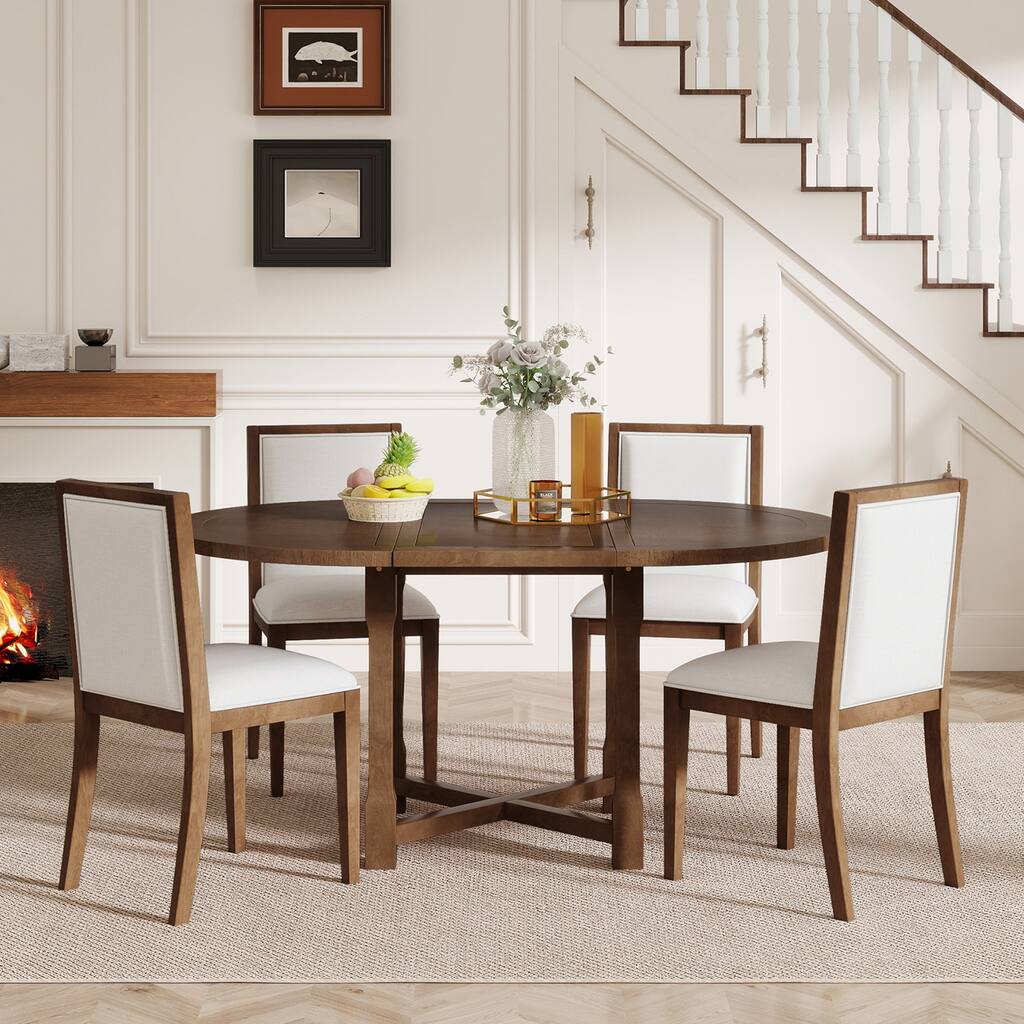 5-Piece Expandable Farmhouse Dining Set – Round Table with 4 Upholstered Chairs & Removable Leaf, Perfect for Kitchen .