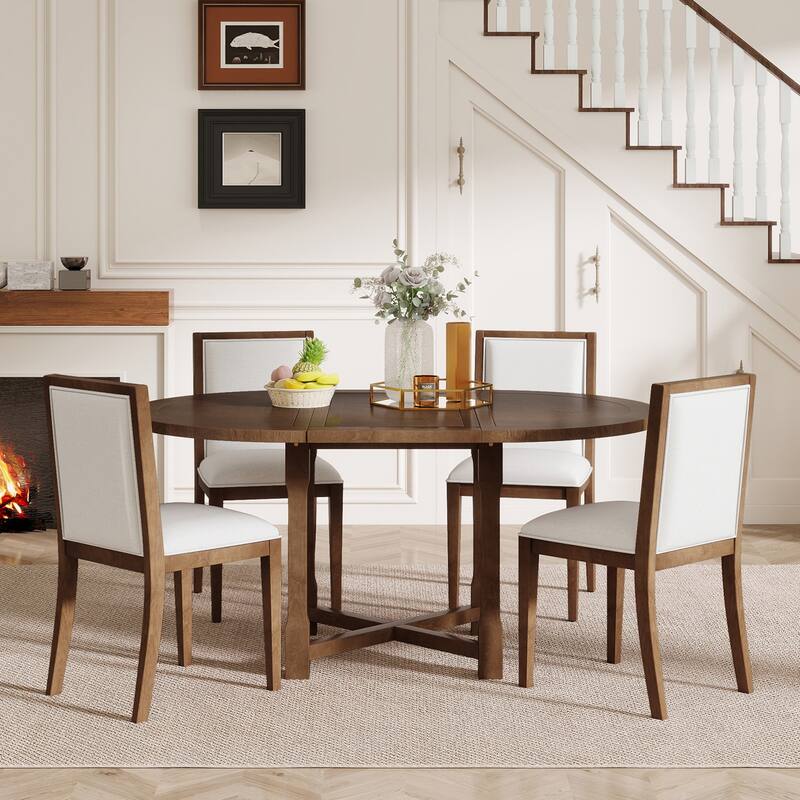 5-Piece Extendable Dining Table Set For 4,Round Dining Table For 4 With Upholstered Chairs,Farmhouse Kitchen Table