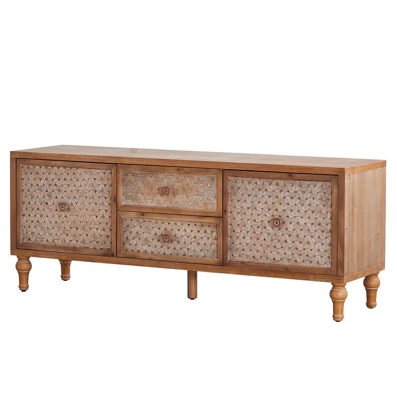 Boho Rattan TV Stand with Drawers, Wooden Media Cabinet TV Console Entertainment Center for TVs 55 60 65 Inches