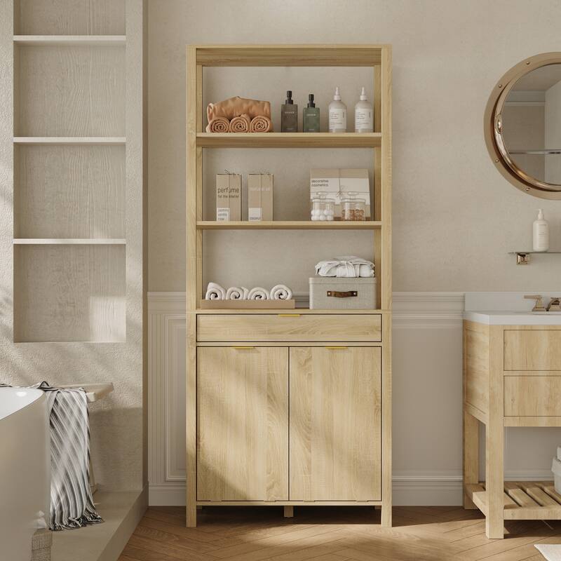 Tall Laundry Hamper Cabinet with Shelves and Drawer for Bathroom