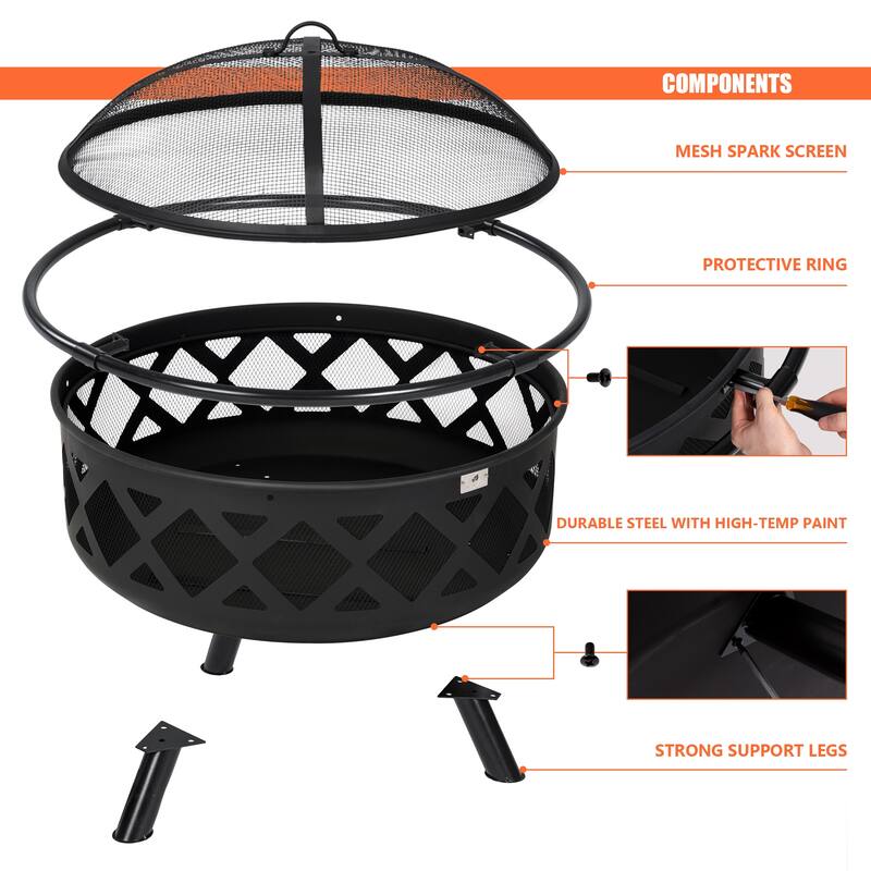 42 inches Outdoor Fire Pit with Spark Screen and Log Poker