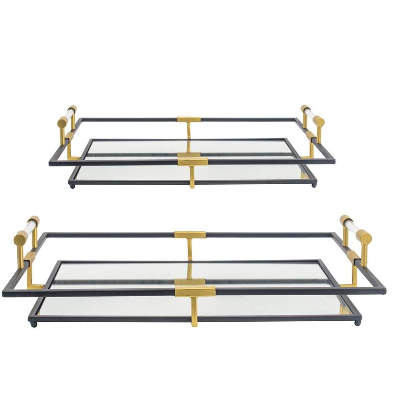 21, 27 Inch Set of 2 Decorative Trays with Mirror, Modern Frame, Gold, Black - Black