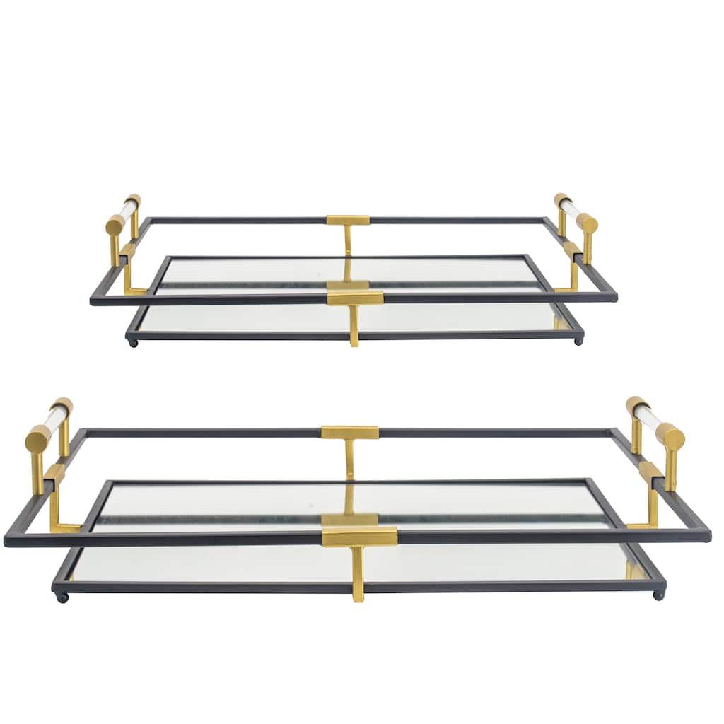 21, 27 Inch Set of 2 Decorative Trays with Mirror, Modern Frame, Gold, Black