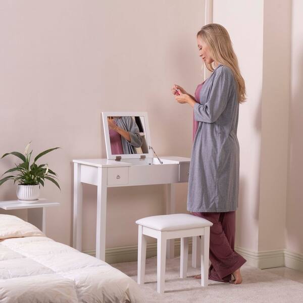 Elegant Wooden Vanity Table with 2 Drawers, Makeup Desk with 3mm Flip 