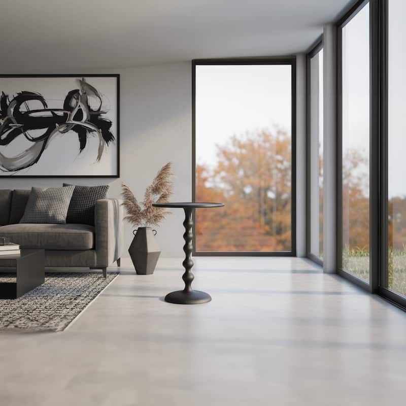 Shae 22 Inch Round Side End Table - Matte Black Aluminum Cast, Hammered Texture, Turned Pedestal Post