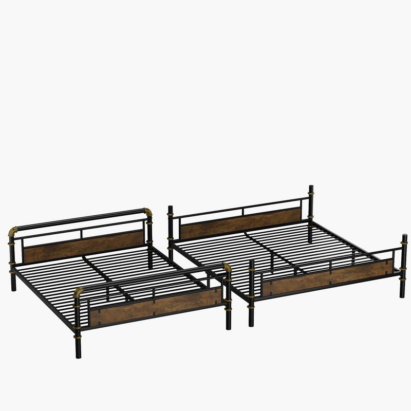 Full XL Over Queen Metal Bunk Bed with Safety Guard Rails, Industrial Design, Black