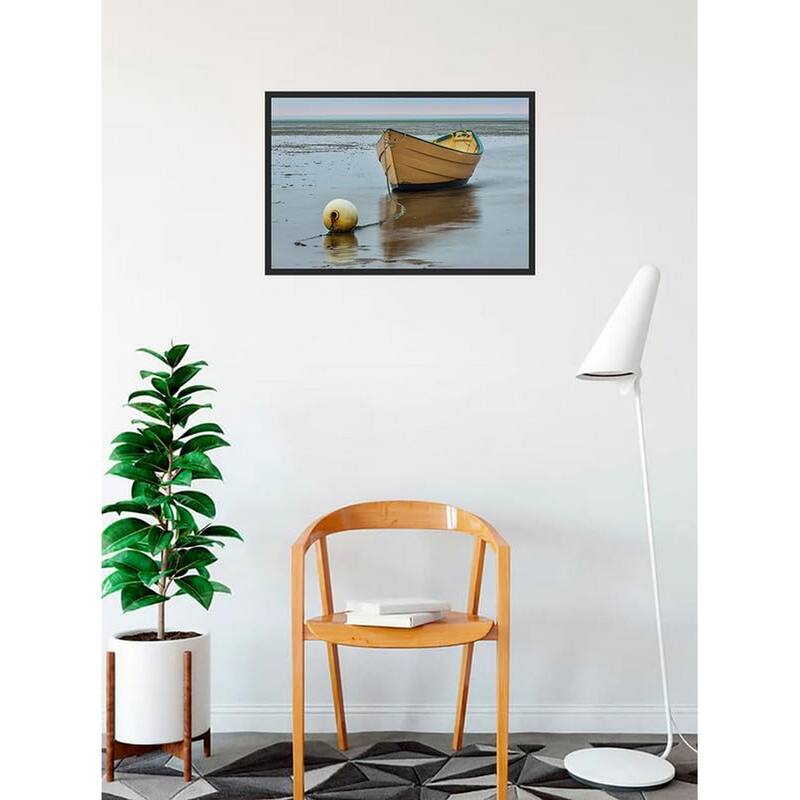 Yellow Dory Boat Waiting for High Tide Photography by Wayne Collamore Framed Poster - 18 x 24 Inch