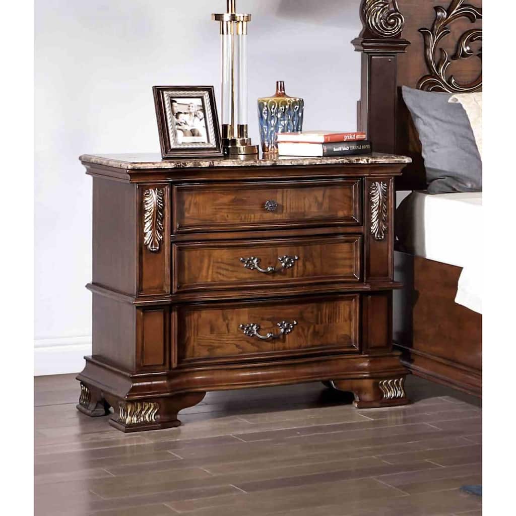 Traditional Nightstand - Brown Cherry Finish with Marble Top