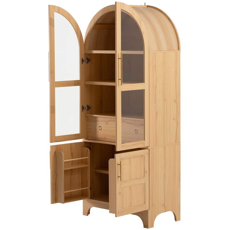 71"Tall Arched Kitchen Pantry Cabinet with Door Shelves, with Open & Adjustable Shelves, Hidden Drawer & Glass Door