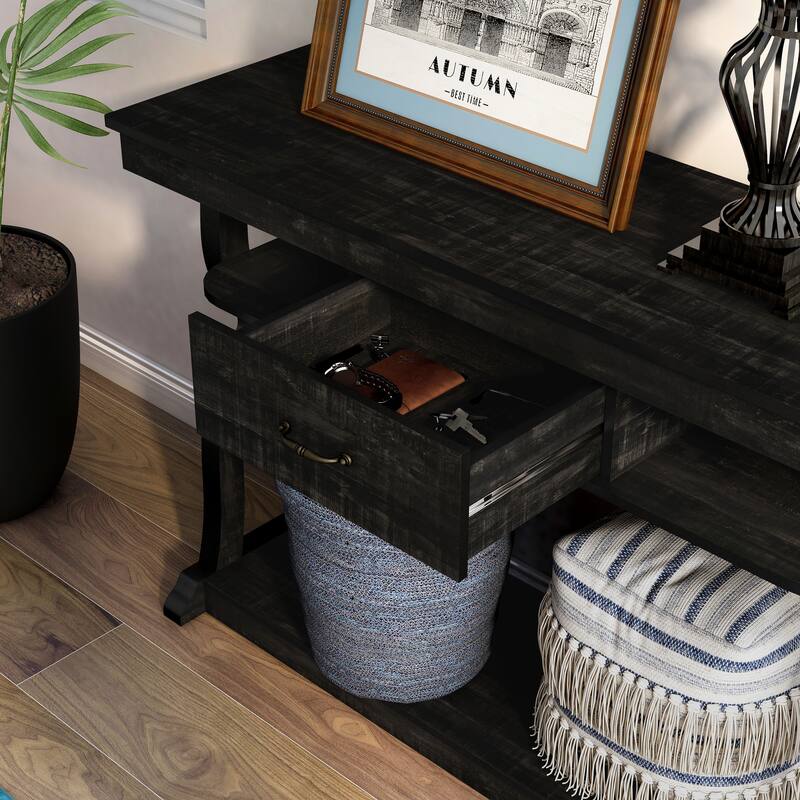DH BASIC Farmhouse Black Oak 47-inch 3-Open Shelf Console Table by Denhour
