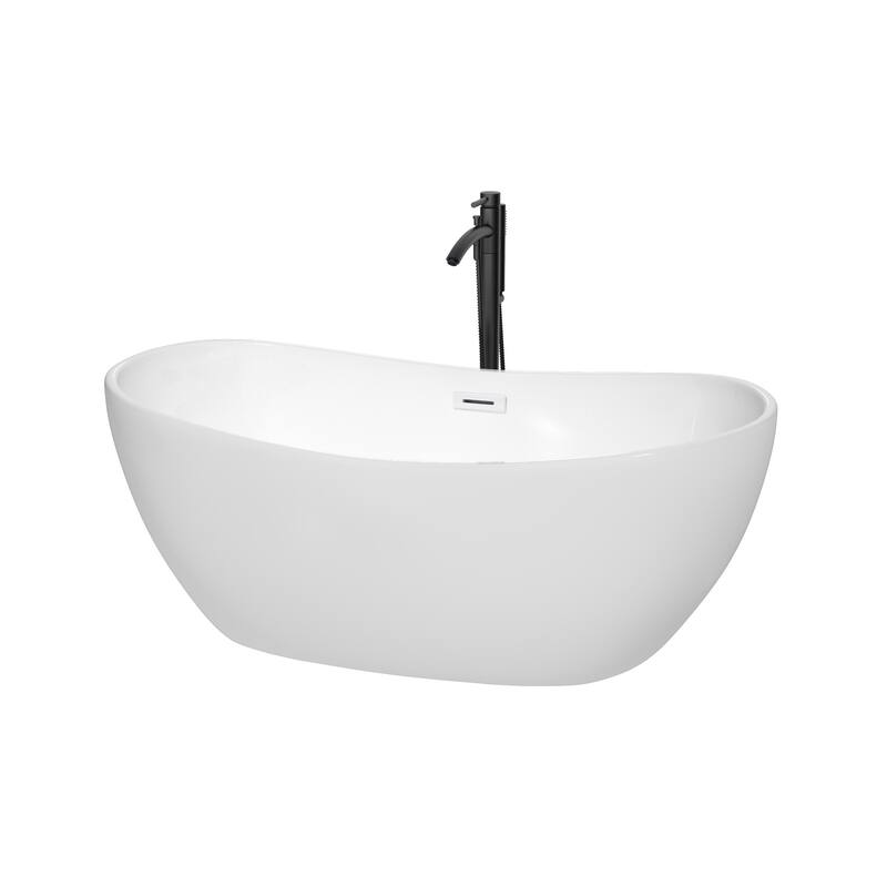 Wyndham Collection Rebecca 60" Freestanding Acrylic Soaking Tub with - White / Shiny White Trim / Matte Black Faucet