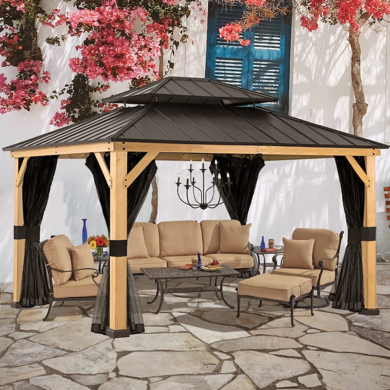 Cozywor 13 ft. x 11 ft. Wood Gazebo with Mosquito Netting Double Steel Roof Hardtop - Brown