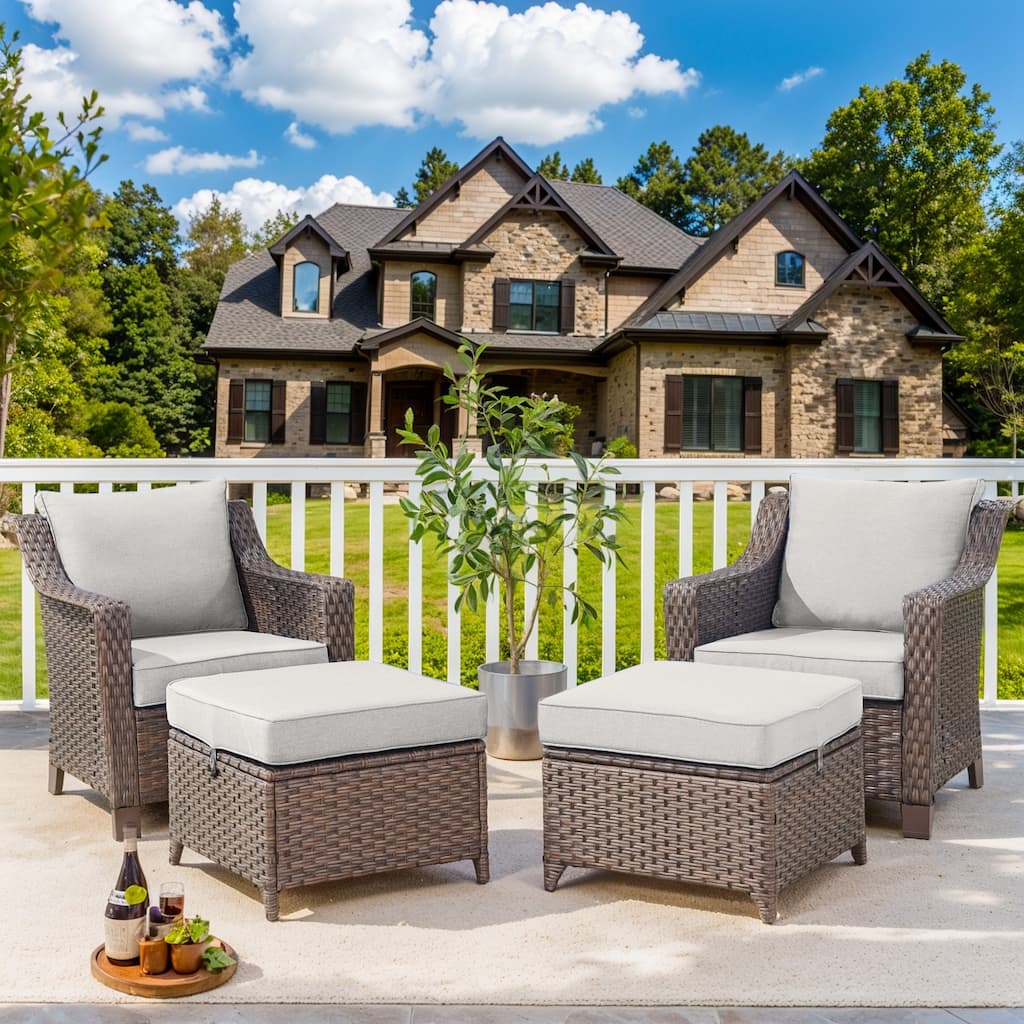 Outdoor Patio Chairs with Ottomans for Garden - Brown