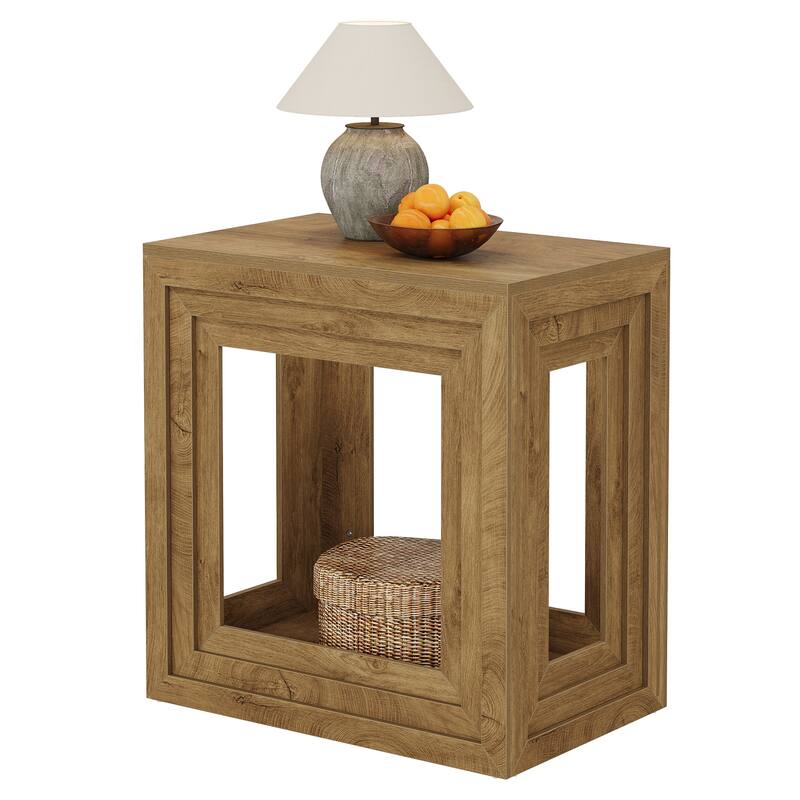 End Table with 2-Tier Storage, 24" Square Farmhouse Wooden Side Table