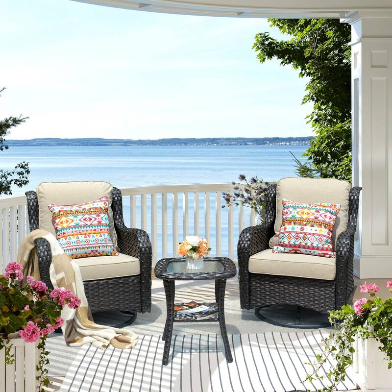 OVIOS 3-piece Rattan Wicker Rocking Swivel Chair Set