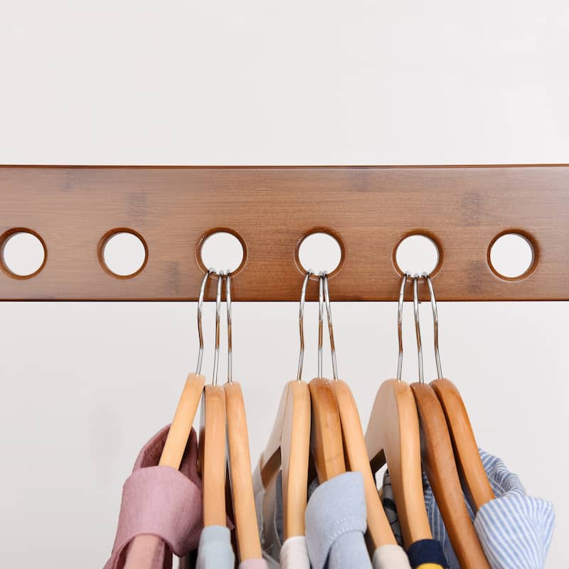 Solid Wood Clothes Rack with Storage Mesh Shelf & Casters